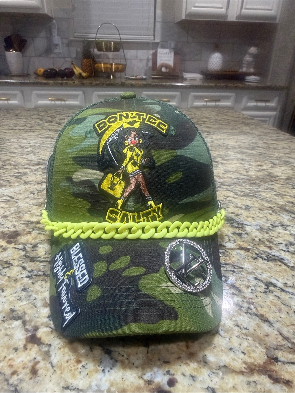 Camouflage "Don't Be Salty" Embellished Baseball Cap - Green